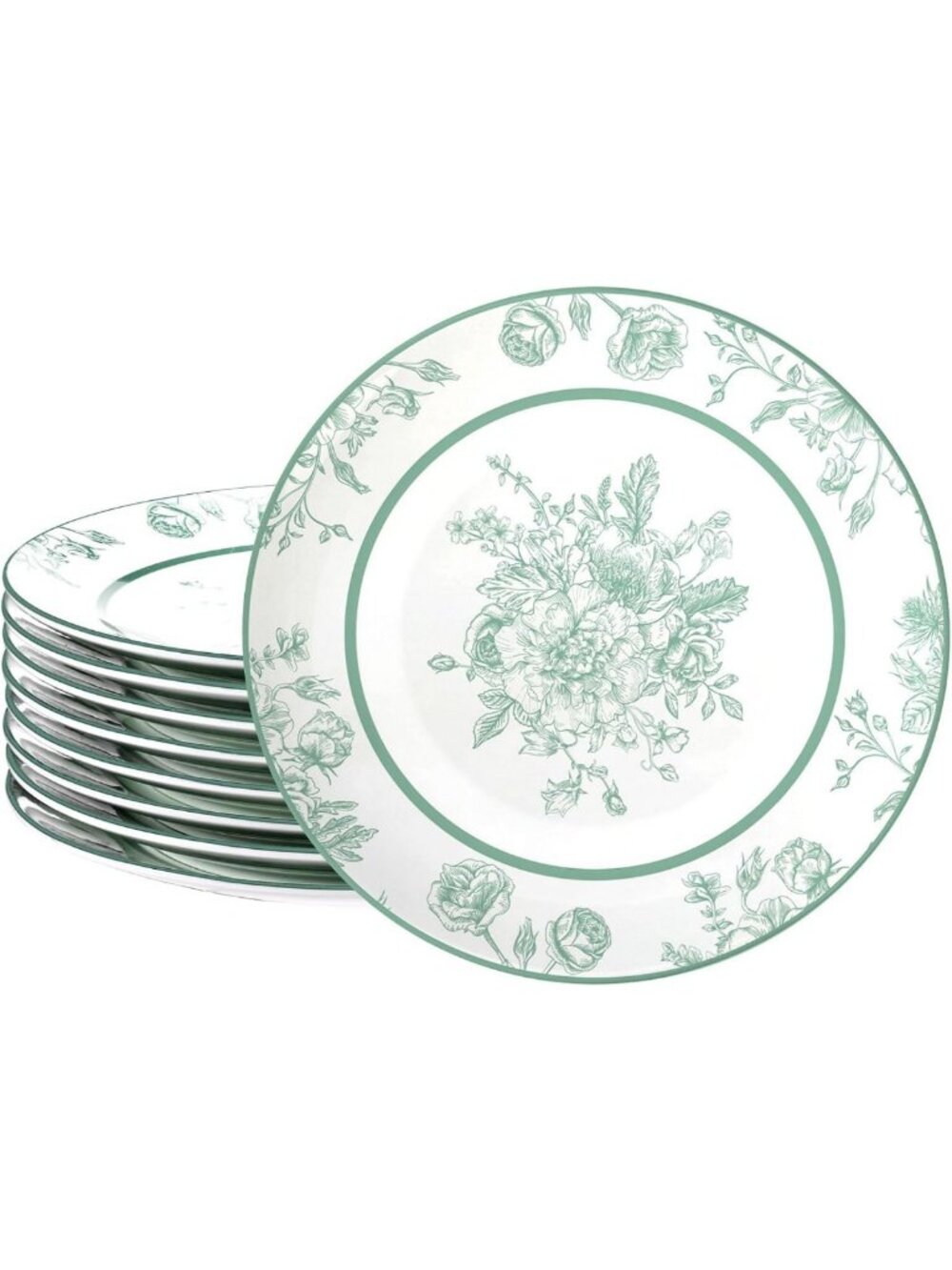 Jinei 8 Pcs Green Floral Salad Plates Dinnerware Set Chinoiserie Ceramic Round